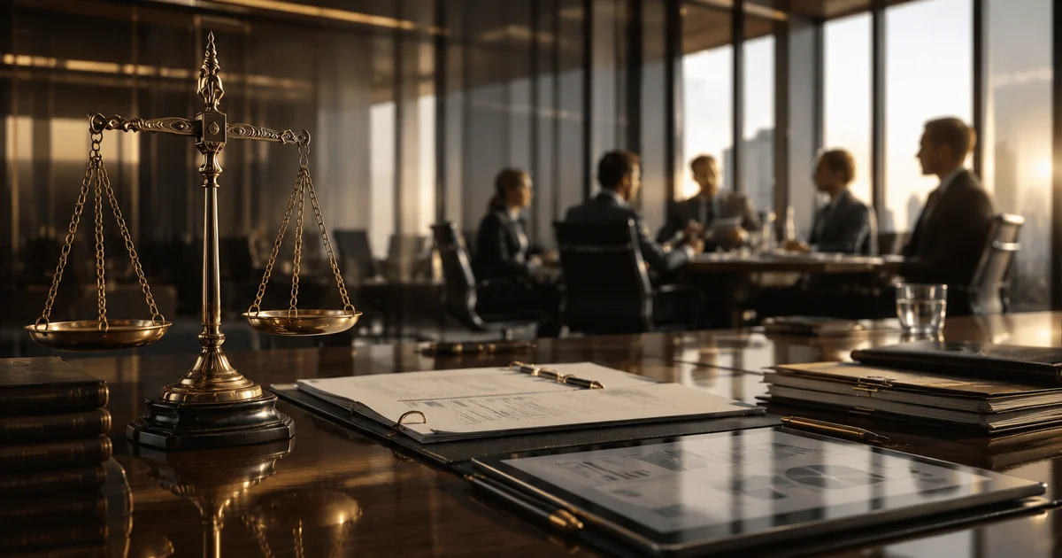 ميزان العدالة داخل اجتماع مجلس إدارة لمراجعة مسؤولية مجلس الإدارة عن الإفصاح والالتزامات القانونية للشركة المقيدة.