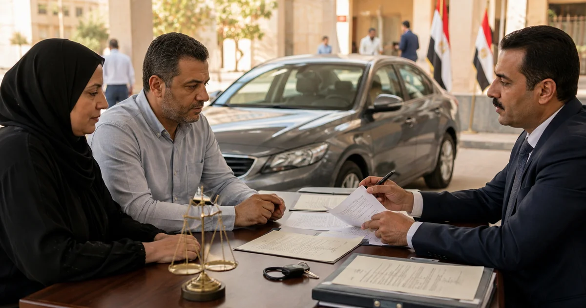 ورثة يراجعون مستندات نقل ملكية سيارة متوفى مع محامٍ والسيارة في الخلفية