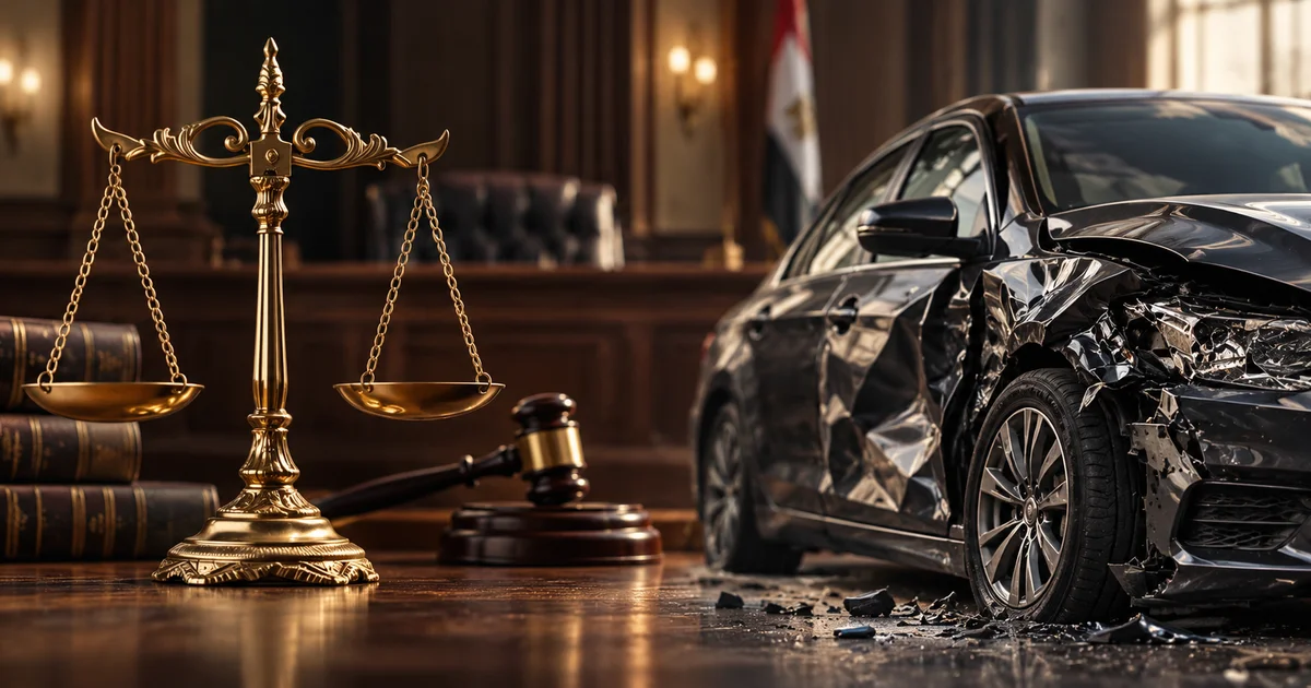 إخلاء سبيل السائق بعد حادث سيارة مع ميزان العدالة وسيارة متضررة