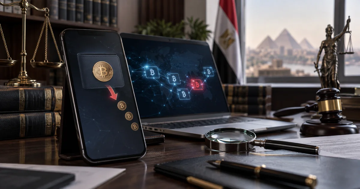 هاتف يعرض محفظة بيتكوين ومعاملة غير مصرح بها داخل مكتب قانوني