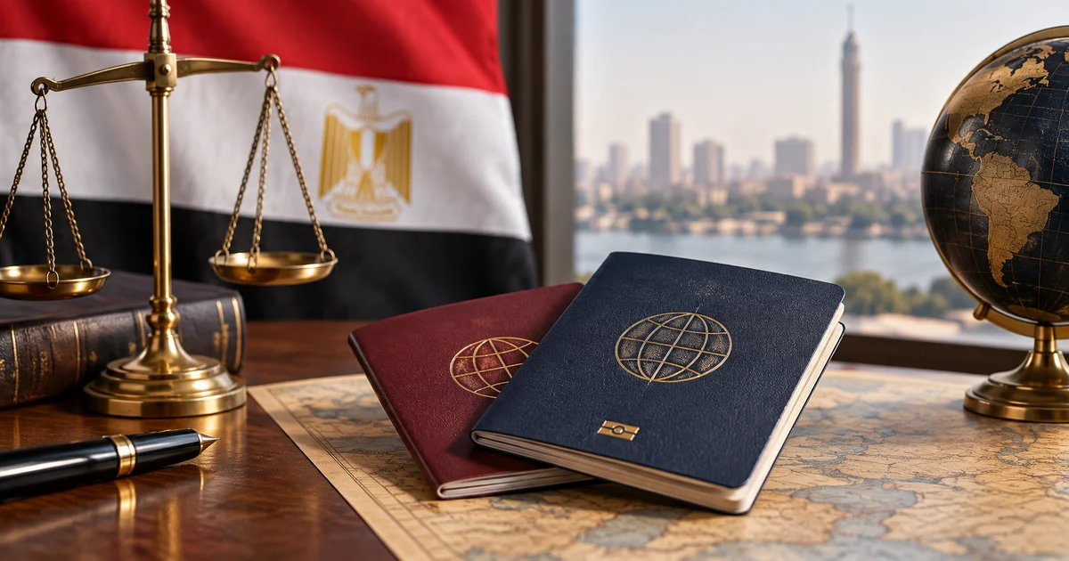 جوازا سفر على خريطة عالمية بجوار ميزان العدالة والعلم المصري للتعبير عن قانون ازدواج الجنسيات في مصر