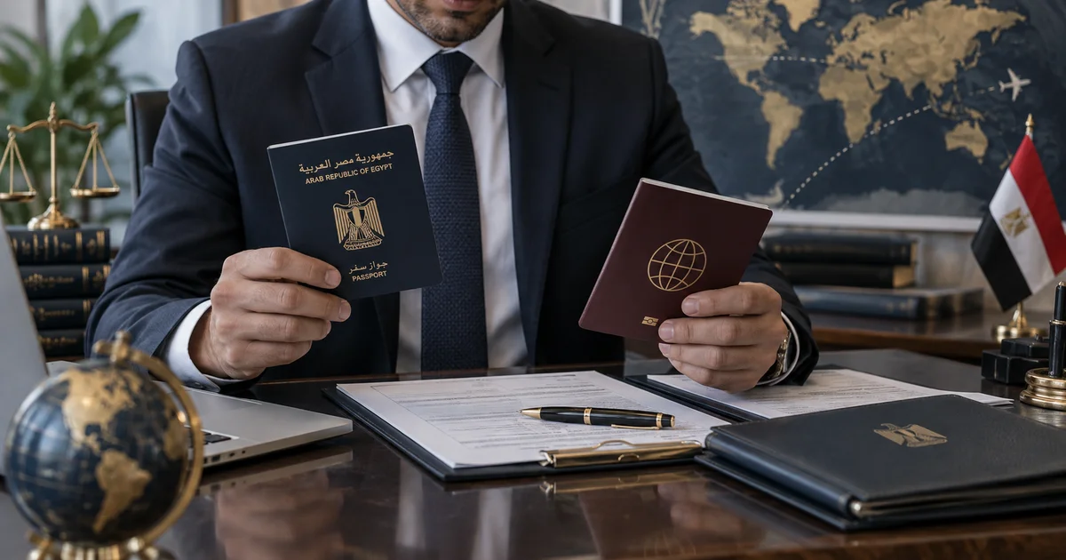 مصري يحمل جواز السفر المصري وجوازًا أجنبيًا أثناء مراجعة إجراءات ازدواج الجنسية