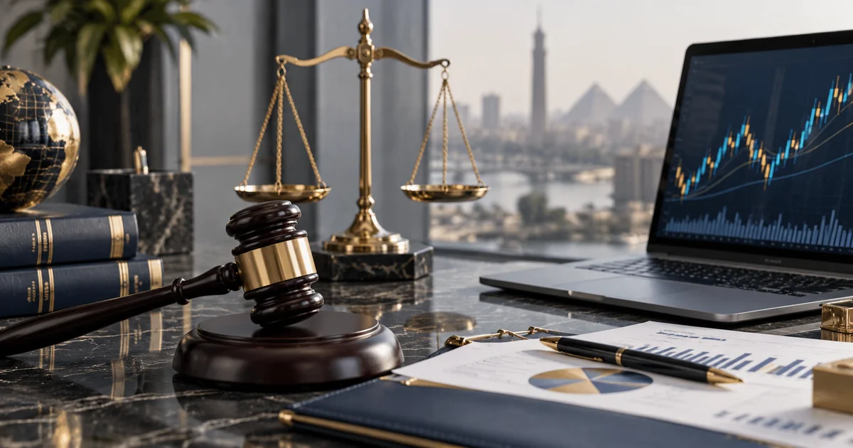 رموز العدالة وشاشة تداول تعبر عن التحكيم في منازعات البورصة وسوق المال
