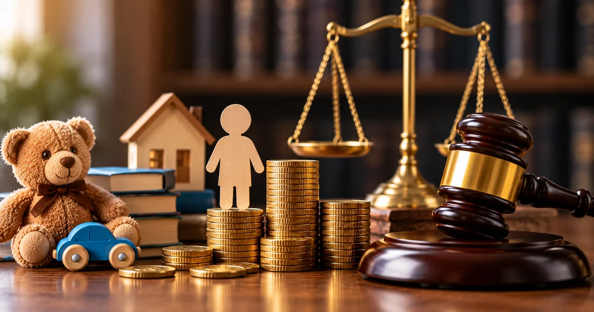 العوامل التي تؤثر في مقدار نفقة الطفل بعد الطلاق مع عملات ورمز للطفل ومطرقة المحكمة في مشهد قانوني.