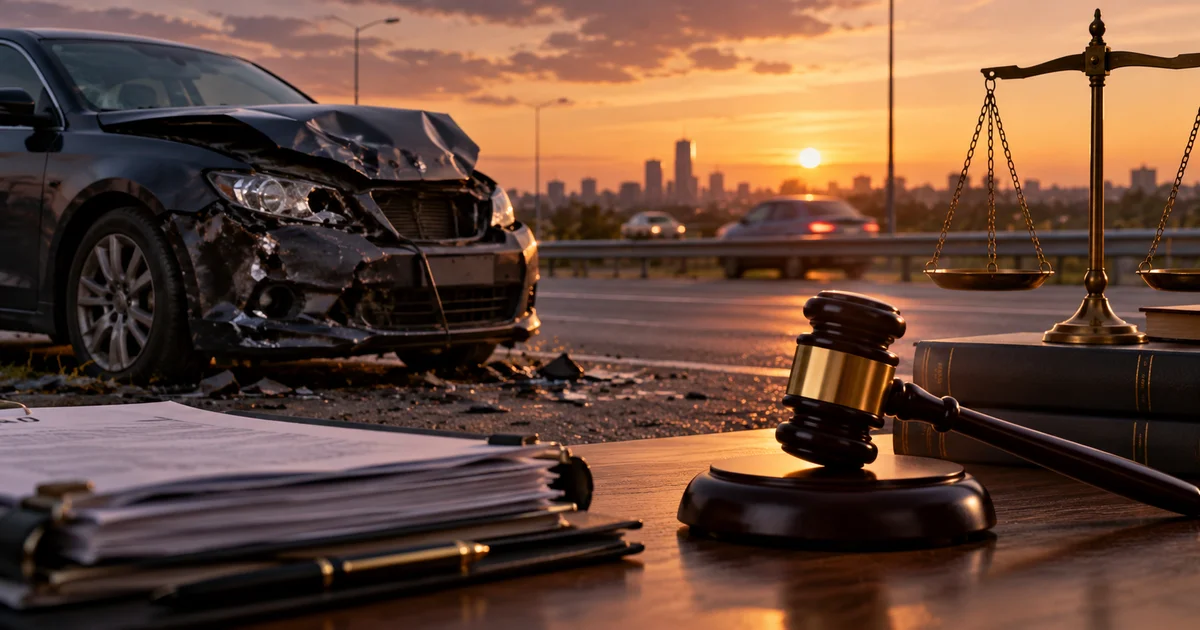 سيارة متضررة من حادث مروري بجوار ميزان العدالة ومطرقة القضاء ترمز للمسؤولية القانونية عن القتل الخطأ.