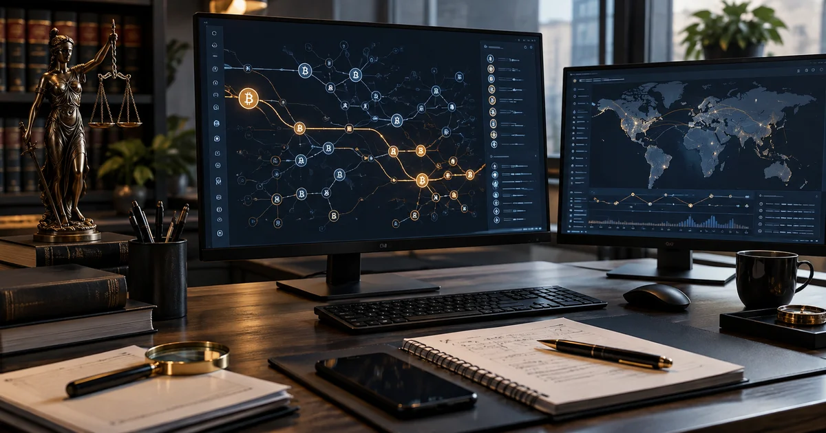 شاشات تعرض تتبع معاملات البيتكوين ومسارات البلوكشين للتحقيق في التحويلات