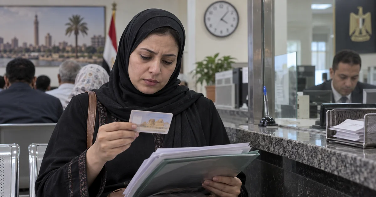 مواطنة تراجع بطاقة الرقم القومي ومستندات التجديد داخل مكتب الأحوال المدنية