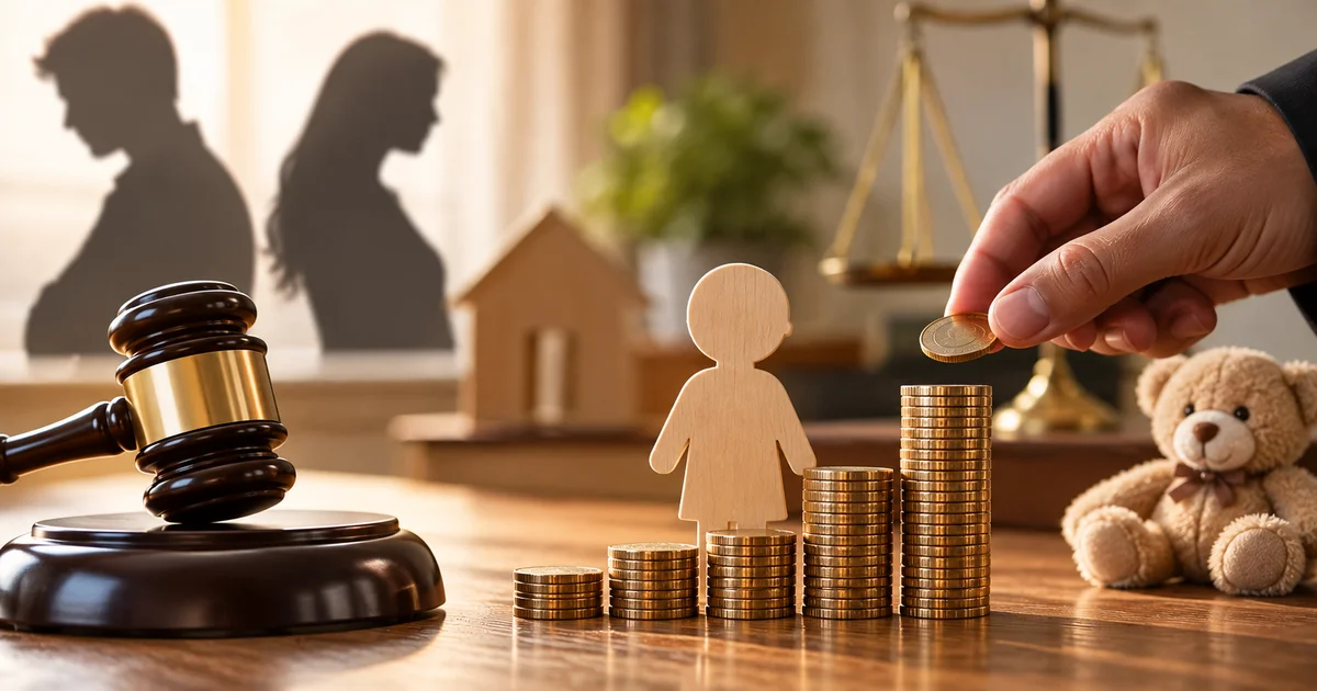تحديد قيمة نفقة الطفل بعد الطلاق من خلال رمز للطفل وأعمدة من العملات ومطرقة قاضٍ وميزان العدالة.