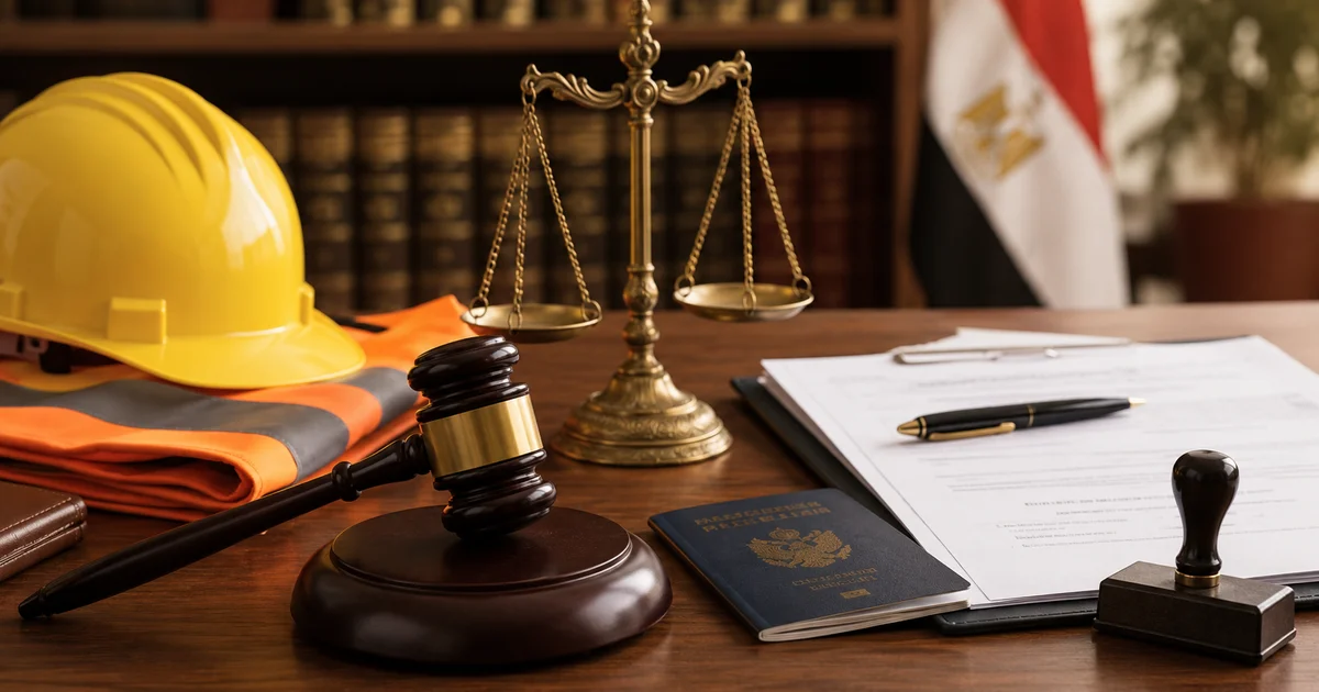 ترخيص عمل الأجانب في مصر مع ميزان العدالة وخوذة العمل والمستندات القانونية