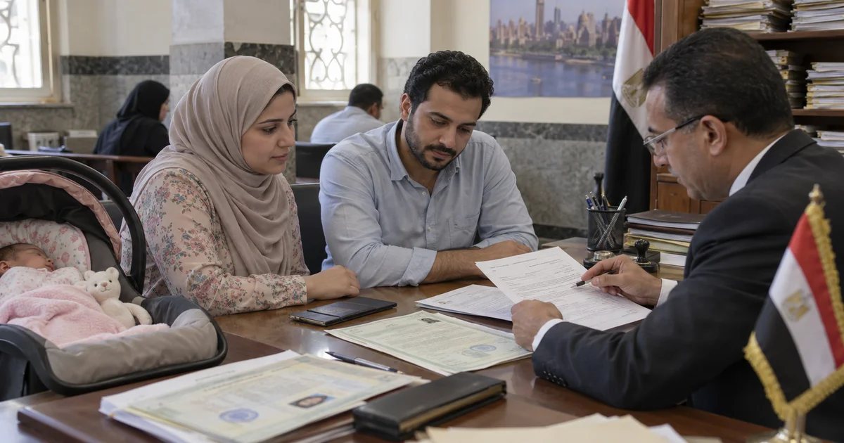 أب وأم يراجعان مستندات تغيير اسم المولود في شهادة الميلاد داخل مكتب الأحوال المدنية
