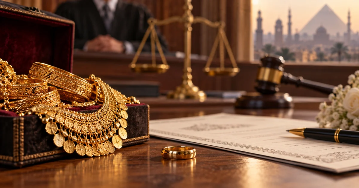 مشغولات ذهبية وخاتم زواج أمام مستندات قانونية وميزان العدالة في موضوع هل الشبكة من حق الزوجة عند الخلع