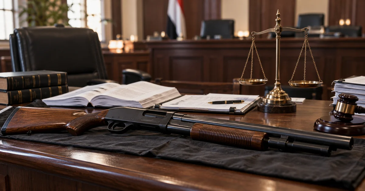سلاح خرطوش مضبوط بجوار أصفاد وملف قضية ضمن أدلة حيازة الأسلحة النارية