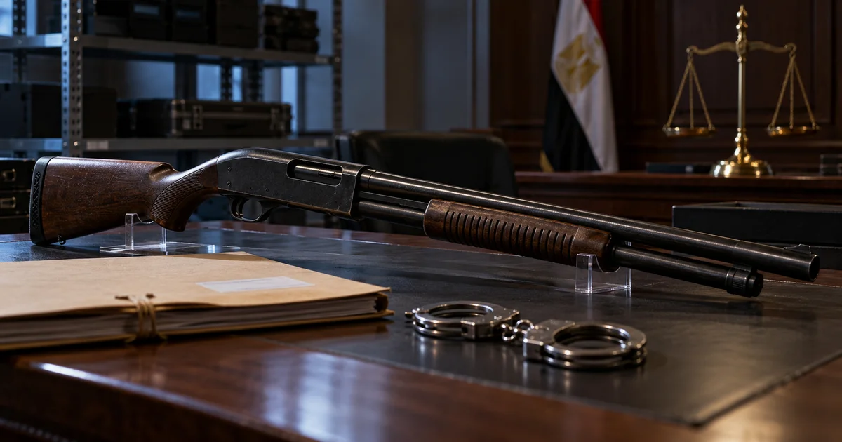 سلاح خرطوش على مكتب قانوني بجوار ميزان العدالة وملفات قضايا الأسلحة
