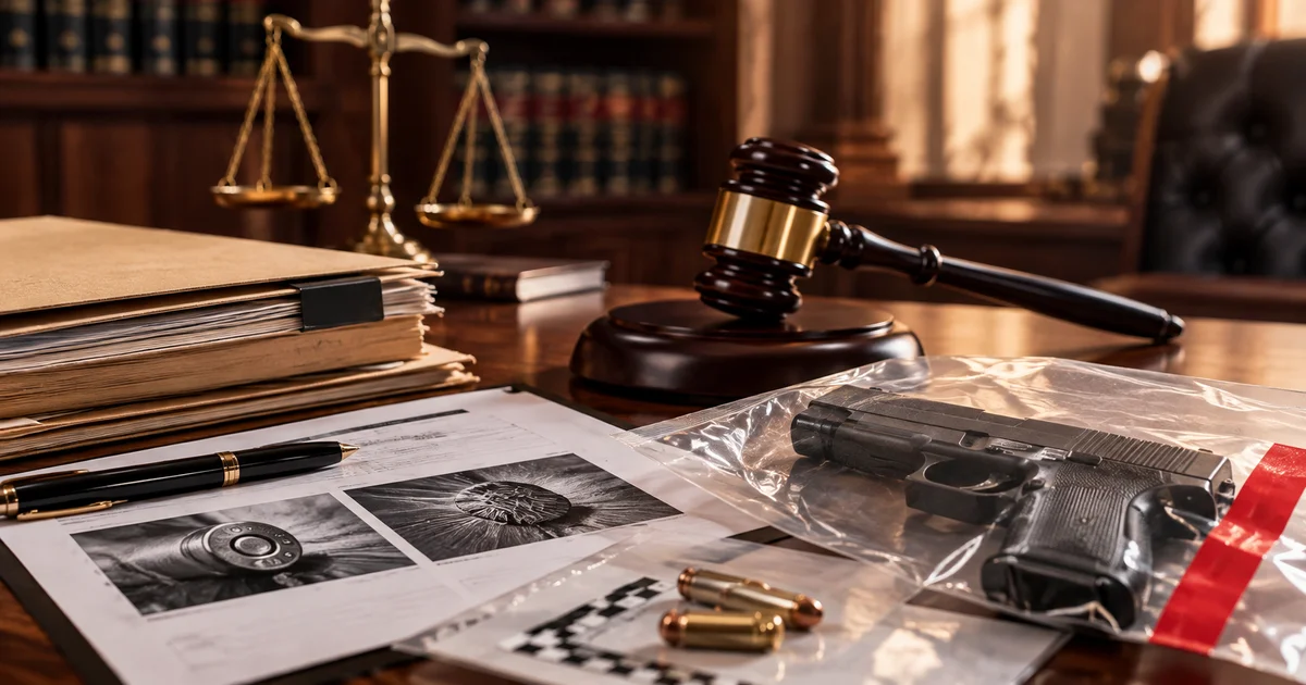 ملف قضية وتقرير فني وسلاح محفوظ كحرز ضمن مشهد قانوني يوضح فحص الأدلة الفنية في قضايا السلاح