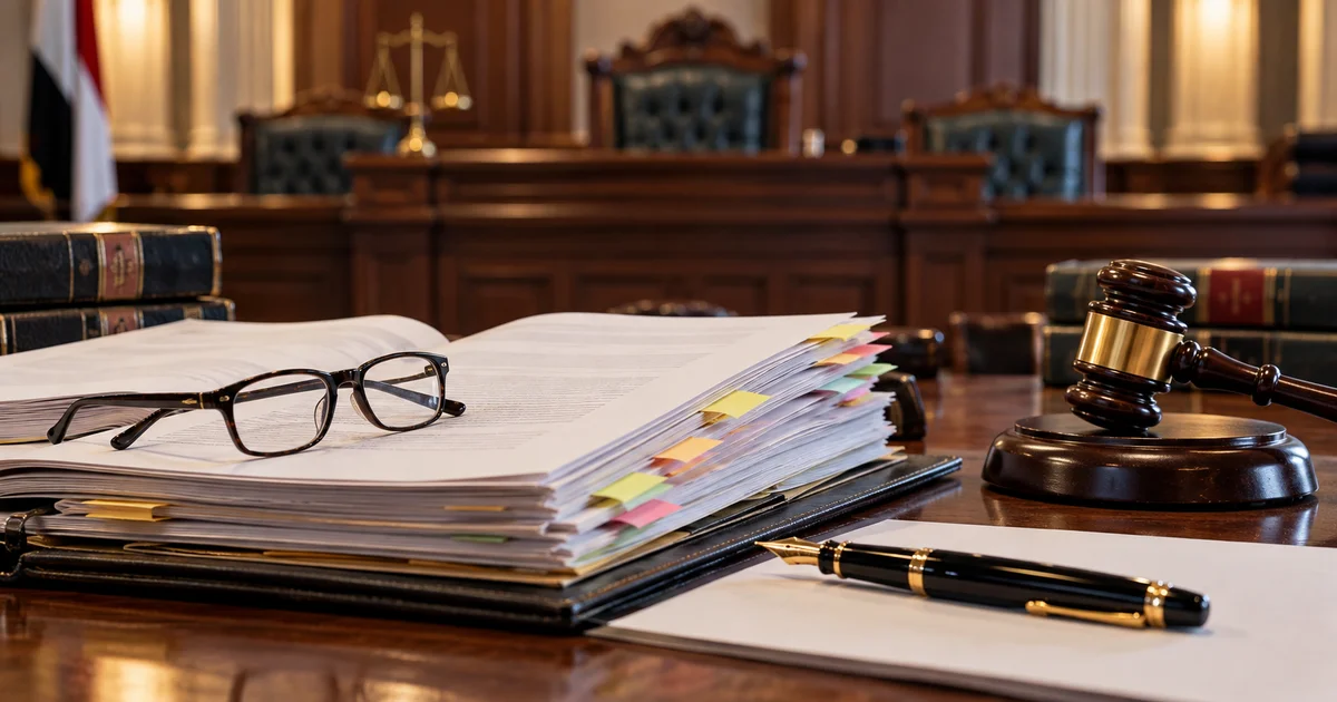 ملف حكم جنائي مفتوح وأوراق قانونية ونظارة قراءة توضح فحص القصور في التسبيب والفساد في الاستدلال