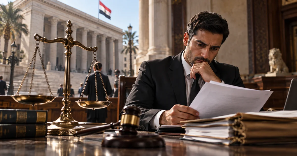 محامٍ يفحص أوراق الحكم الغيابي وملف القضية لتحديد الإجراء القانوني المناسب بعد اكتشاف الحكم.