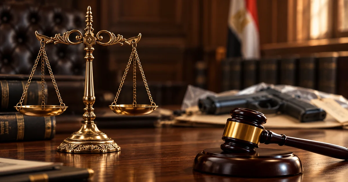 ميزان العدالة ومطرقة قاضٍ وسلاح ناري في مشهد قانوني يعبّر عن فحص الأدلة في قضايا السلاح