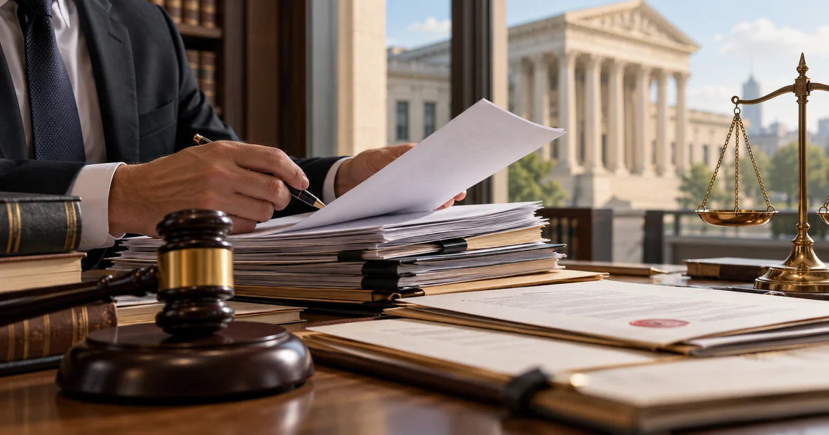 محامٍ يراجع أوراق القضية لمعرفة هل الاستئناف يغير الحكم وإمكانية تعديل الحكم أمام محكمة الاستئناف