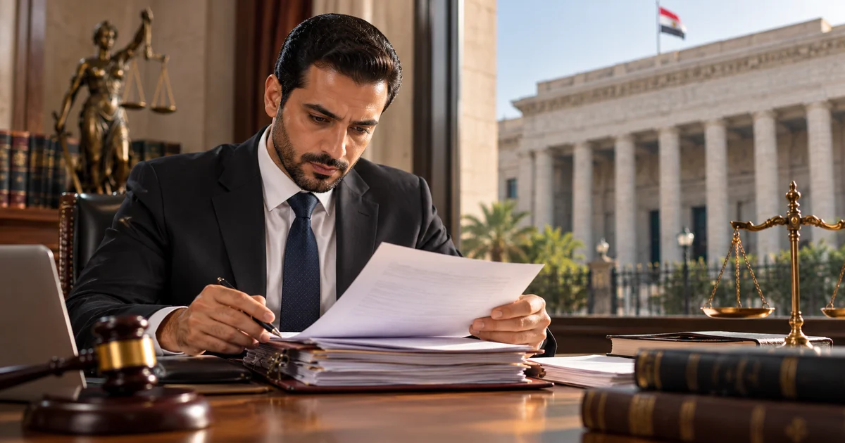 محامٍ يراجع مستندات الحكم الغيابي وبيانات القضية للتحقق من الموقف القانوني في مصر.