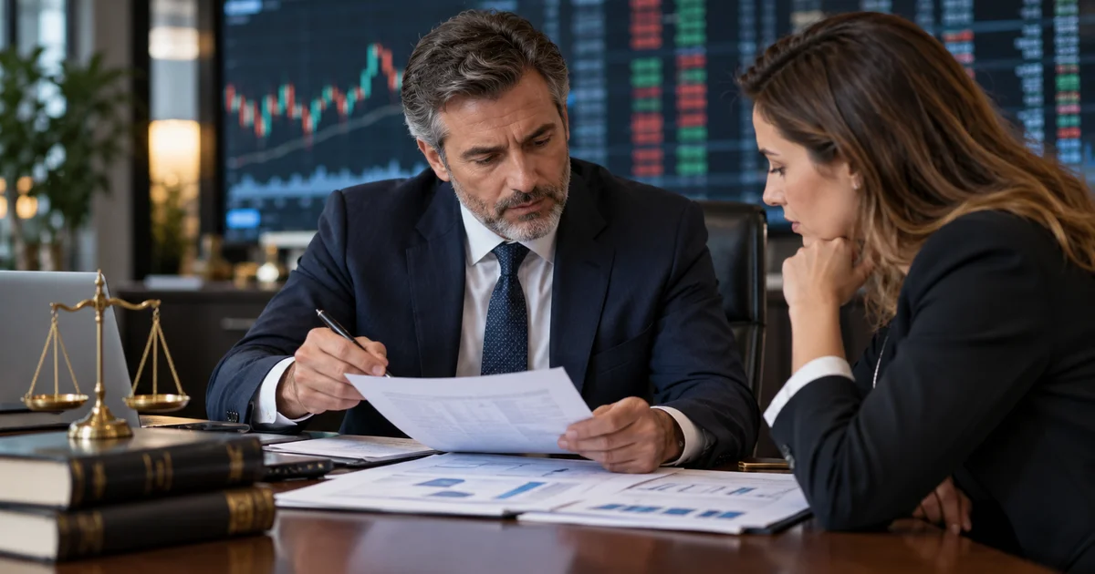 محامٍ يراجع مستندات نزاع حول خطأ شركة السمسرة في تنفيذ أمر البيع