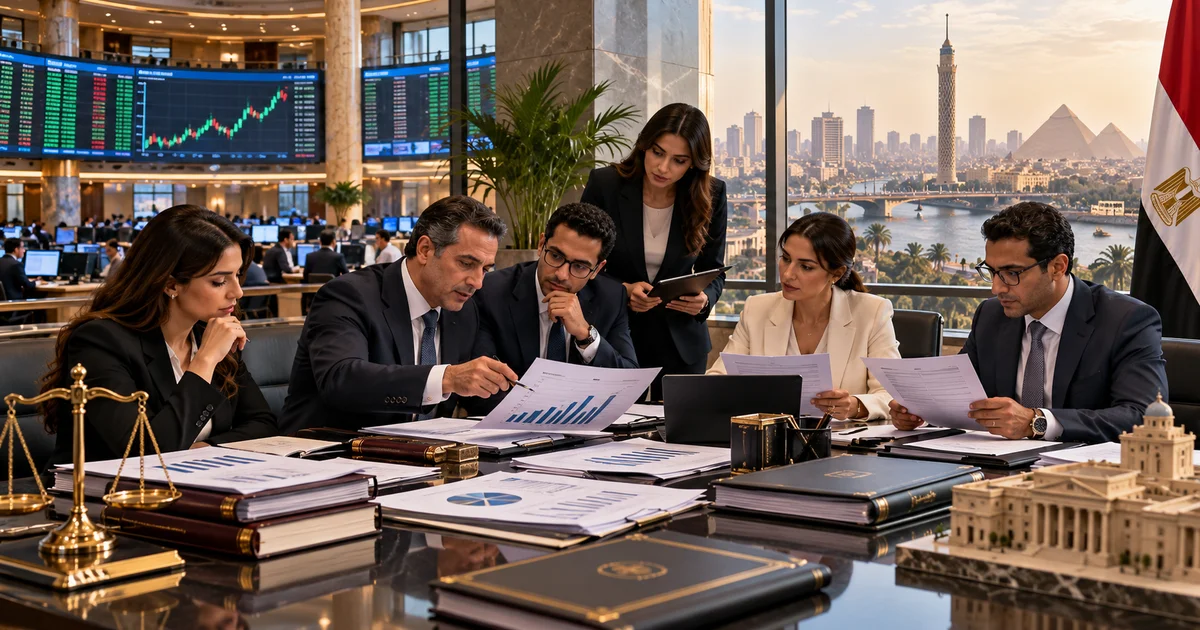 فريق قانوني ومالي يراجع مستندات وشروط قيد الشركات في البورصة المصرية