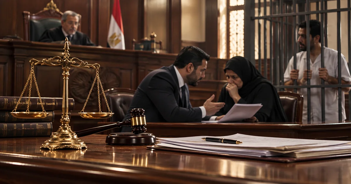 محامٍ يراجع ملف إعادة الإجراءات في الجنايات قبل إعادة المحاكمة أمام المحكمة
