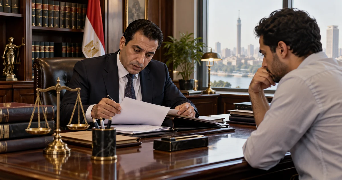 محامٍ يراجع مستندات قضية مع موكله للتحقق من وجود حكم قضائي وتحديد الموقف القانوني.