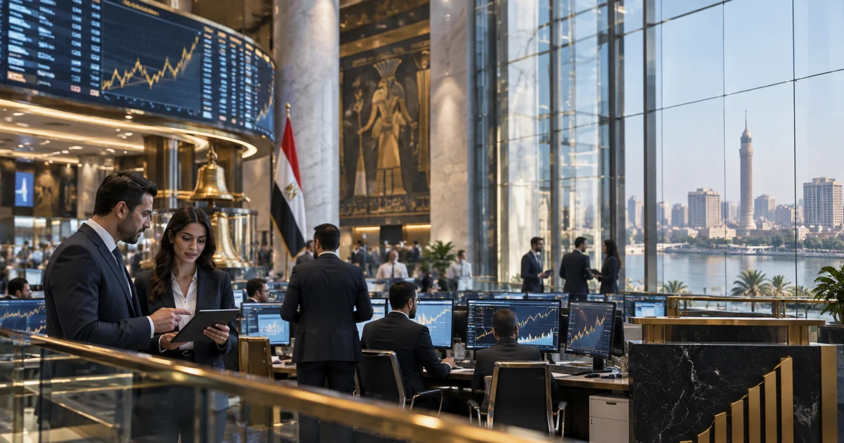 بيئة تداول مالية تعبر عن مراحل قيد الأسهم في البورصة المصرية وبدء التعامل على الأوراق المالية