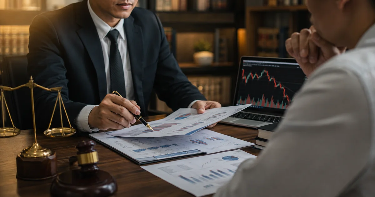 محامٍ يراجع مع عميل تقارير استثمارية وخسائر صندوق الاستثمار أمام شاشة تعرض تراجع السوق.