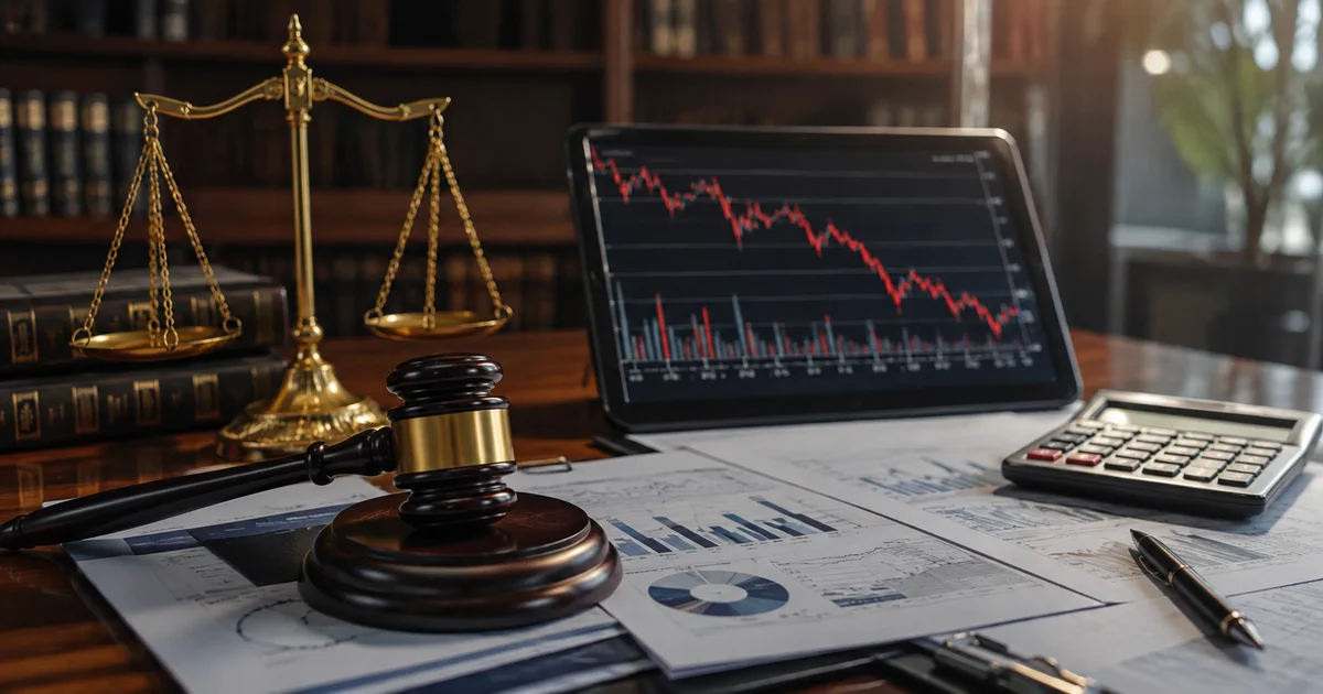 ميزان العدالة ومطرقة القضاء بجوار تقارير مالية وشاشة توضح خسائر استثمارية متراجعة.