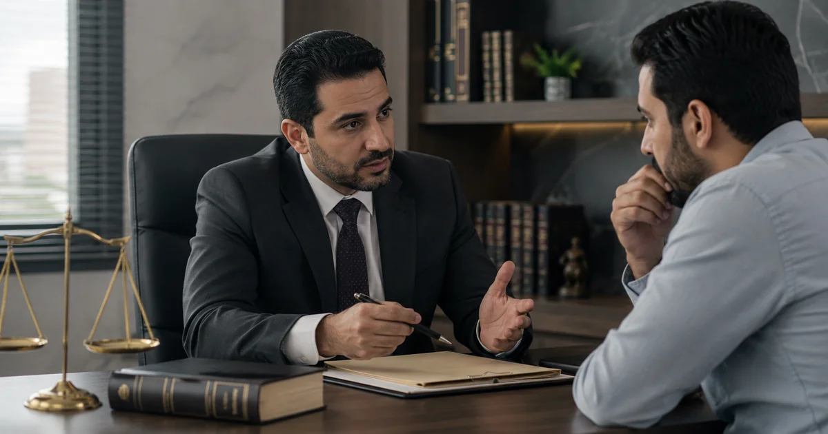 محامٍ يناقش مع موكله الموقف القانوني ووجود أمر ضبط وإحضار