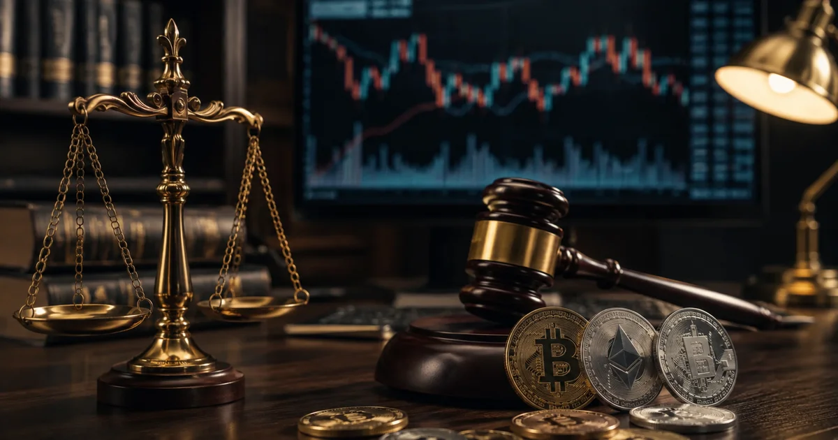 ميزان العدالة ومطرقة القضاء بجوار عملات رقمية وشاشة تعرض حركة التداول