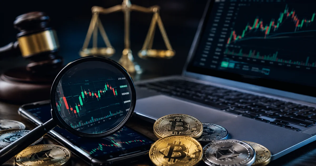 فحص معاملات العملات الرقمية باستخدام عدسة مكبرة مع شاشة تداول وعملات مشفرة