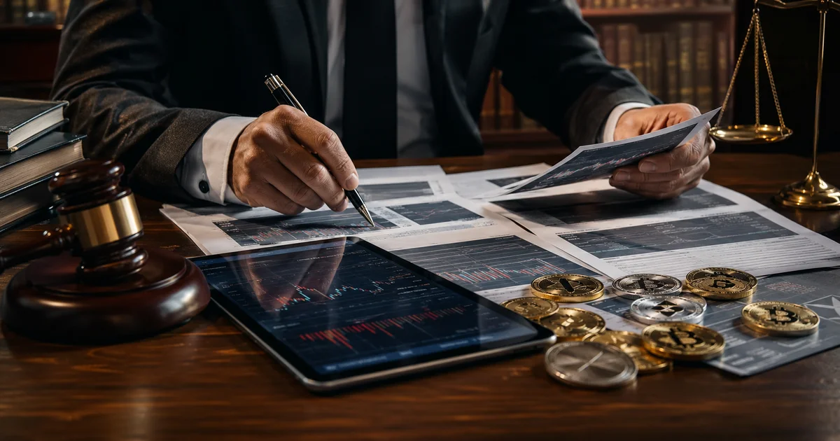 محامٍ يراجع مستندات ورسوم تداول العملات الرقمية مع عملات مشفرة وميزان العدالة