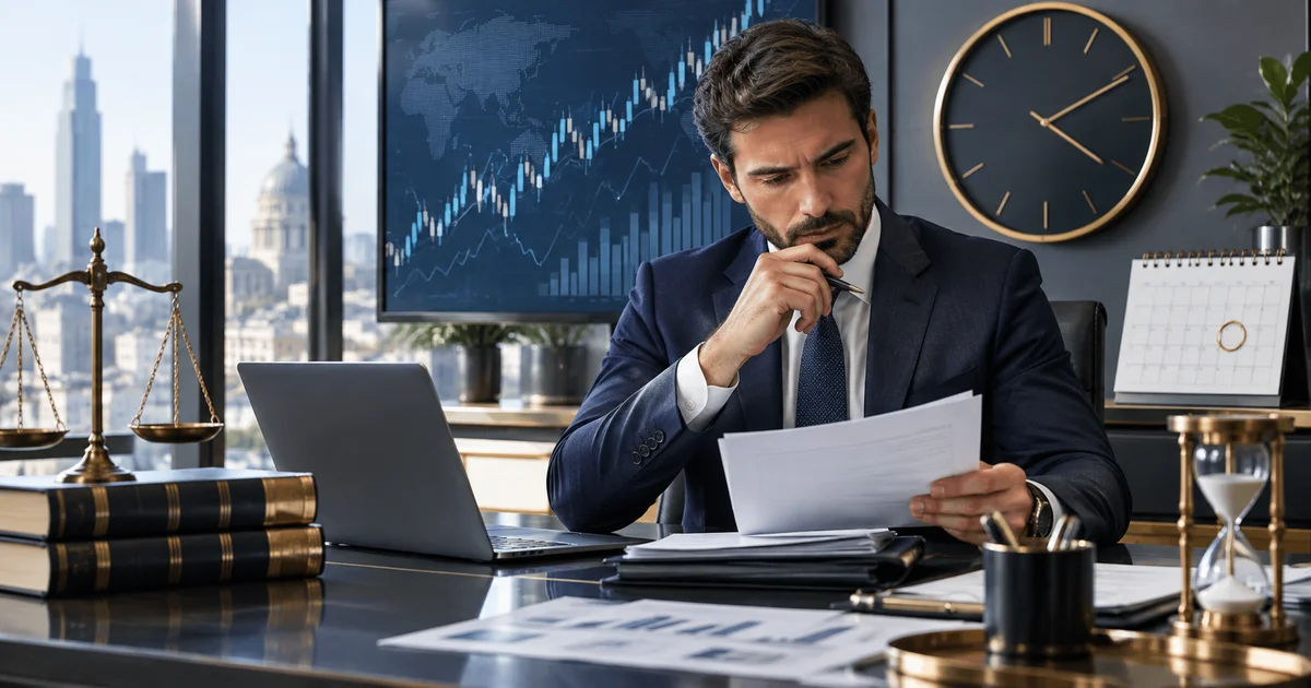 محامٍ يراجع قرارًا ومستندات قبل تقديم التظلم إلى الهيئة العامة للرقابة المالية