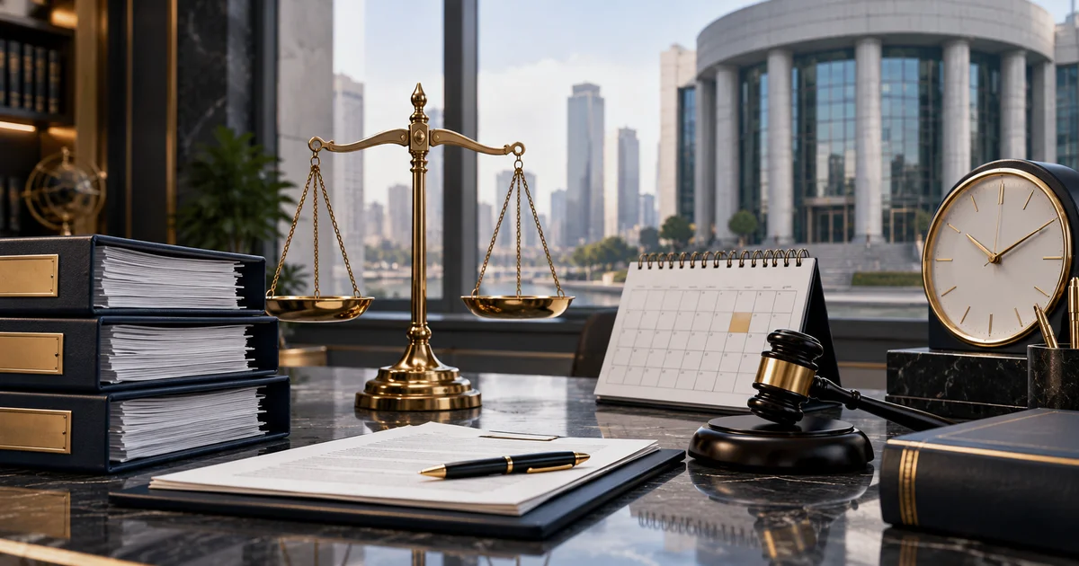 مطرقة قضائية وميزان عدالة وتقويم يرمزان إلى مواعيد التظلم من قرارات الرقابة المالية