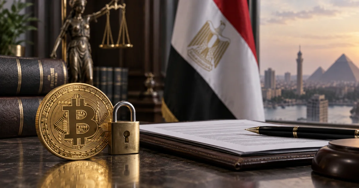 البيتكوين أمام القانون المصري مع رمز القفل وعلم مصر والمستندات القانونية