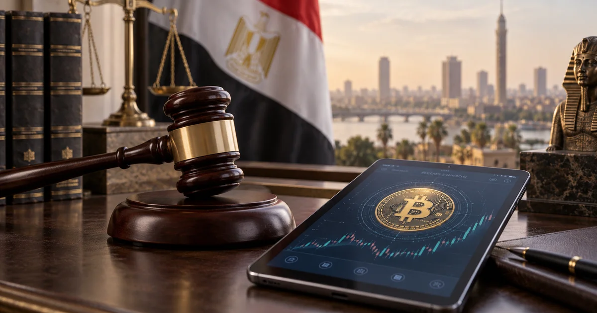 الوضع القانوني للبيتكوين في مصر مع مطرقة القضاء وعلم مصر وشاشة تداول العملات الرقمية
