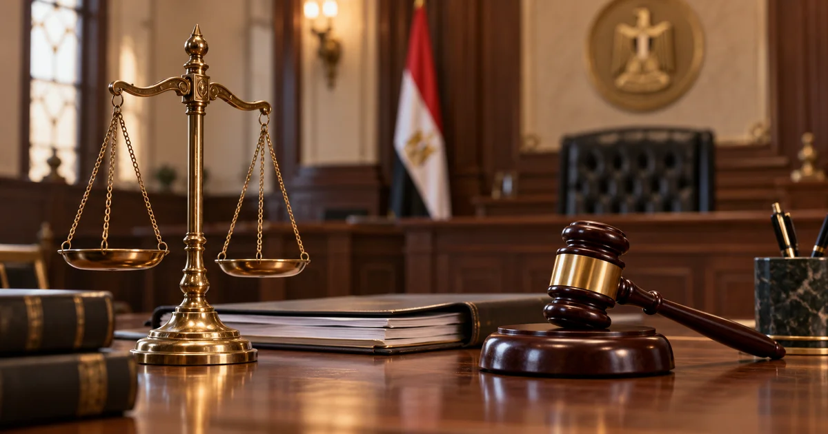 قاعة محكمة مصرية وميزان العدالة مع ملف قضية أثناء نظر أثر المعارضة على تنفيذ الحكم.