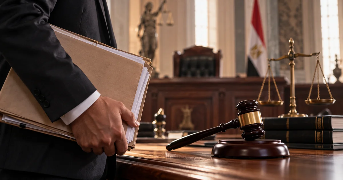 محامٍ يحمل ملف قضية أمام المحكمة أثناء مراجعة حكم غيابي وإجراءات المعارضة على تنفيذه.