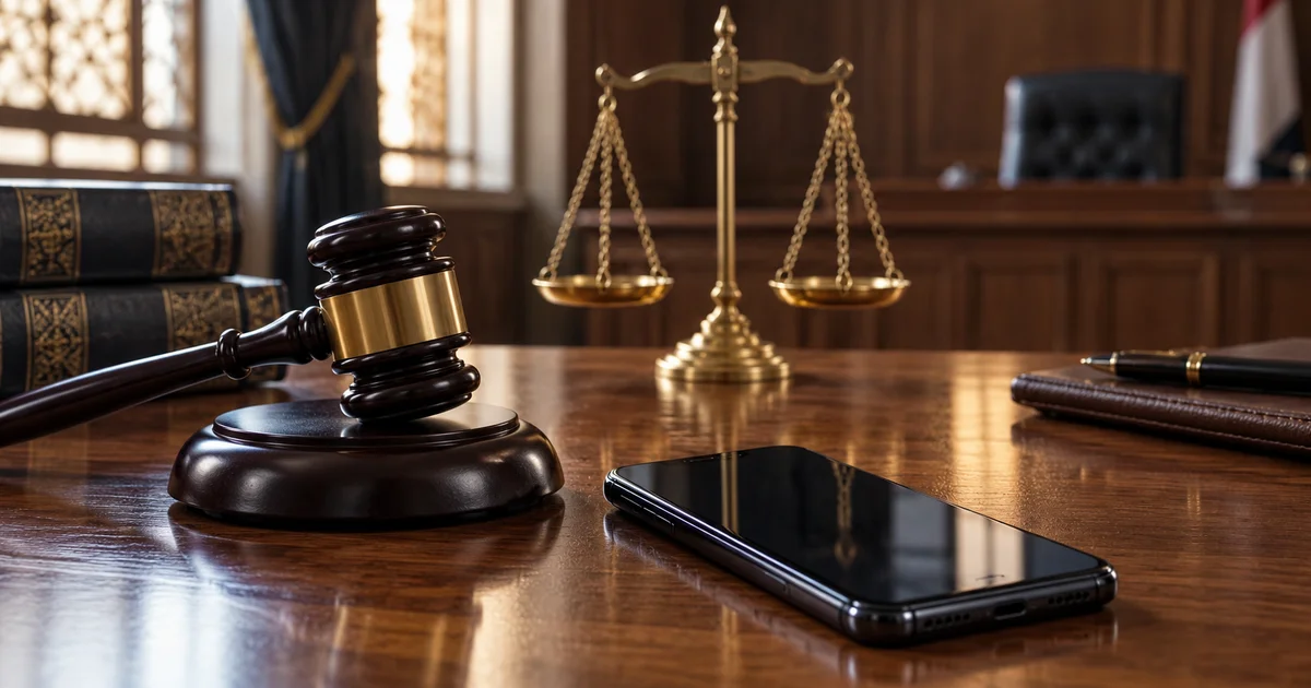 هاتف محمول بجوار ميزان العدالة ومطرقة القضاء تعبيرًا عن الضوابط القانونية لتفتيش الهاتف.