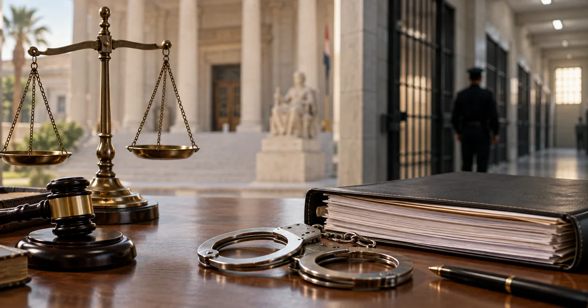 ملف قضية جنائية وأصفاد ترمز إلى موقف تنفيذ عقوبة الحبس أثناء نظر الاستئناف
