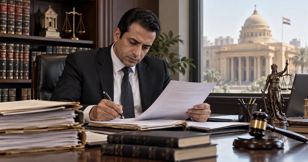 محامٍ يراجع الحكم وأوراق القضية قبل التقرير بالمعارضة في الحكم الغيابي