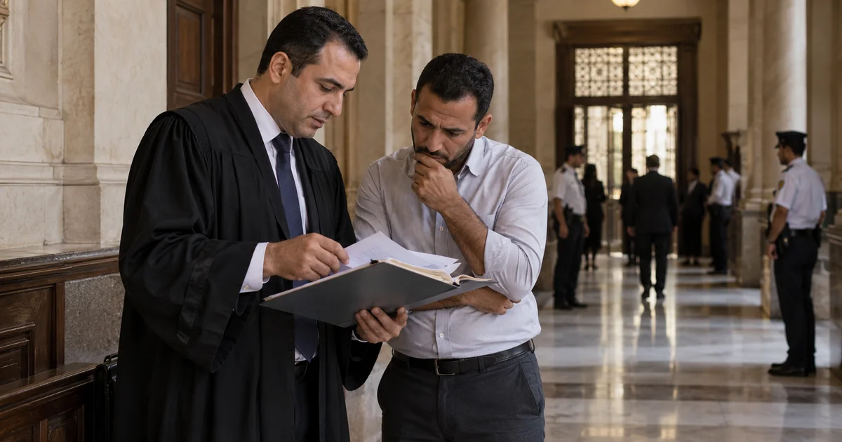 محام يراجع ملف قضية للتحقق من أمر ضبط وإحضار والإجراءات المرتبطة به